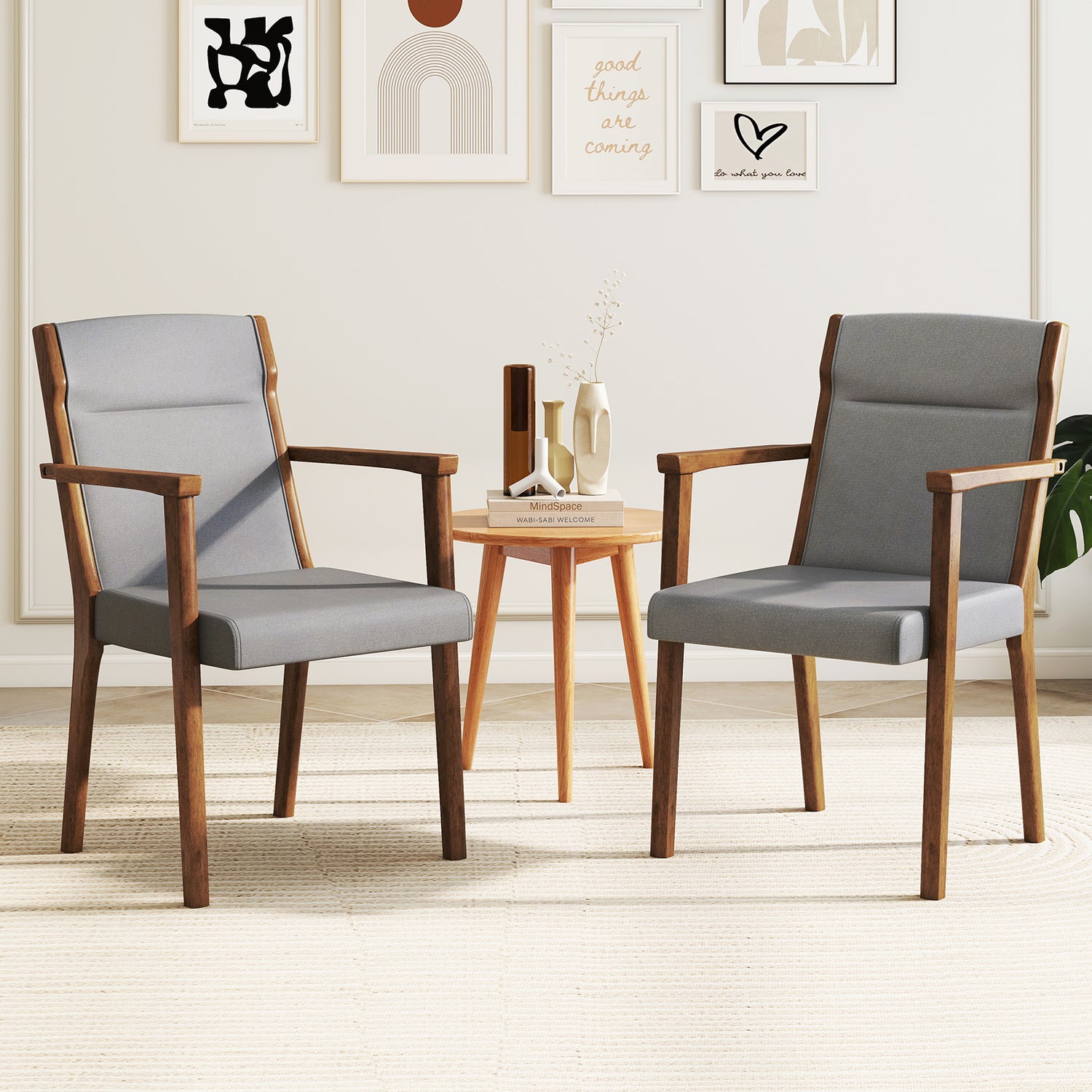 Upholstered Wooden Accent Chairs Set of 2 with High Back and Soft Cushion-Gray