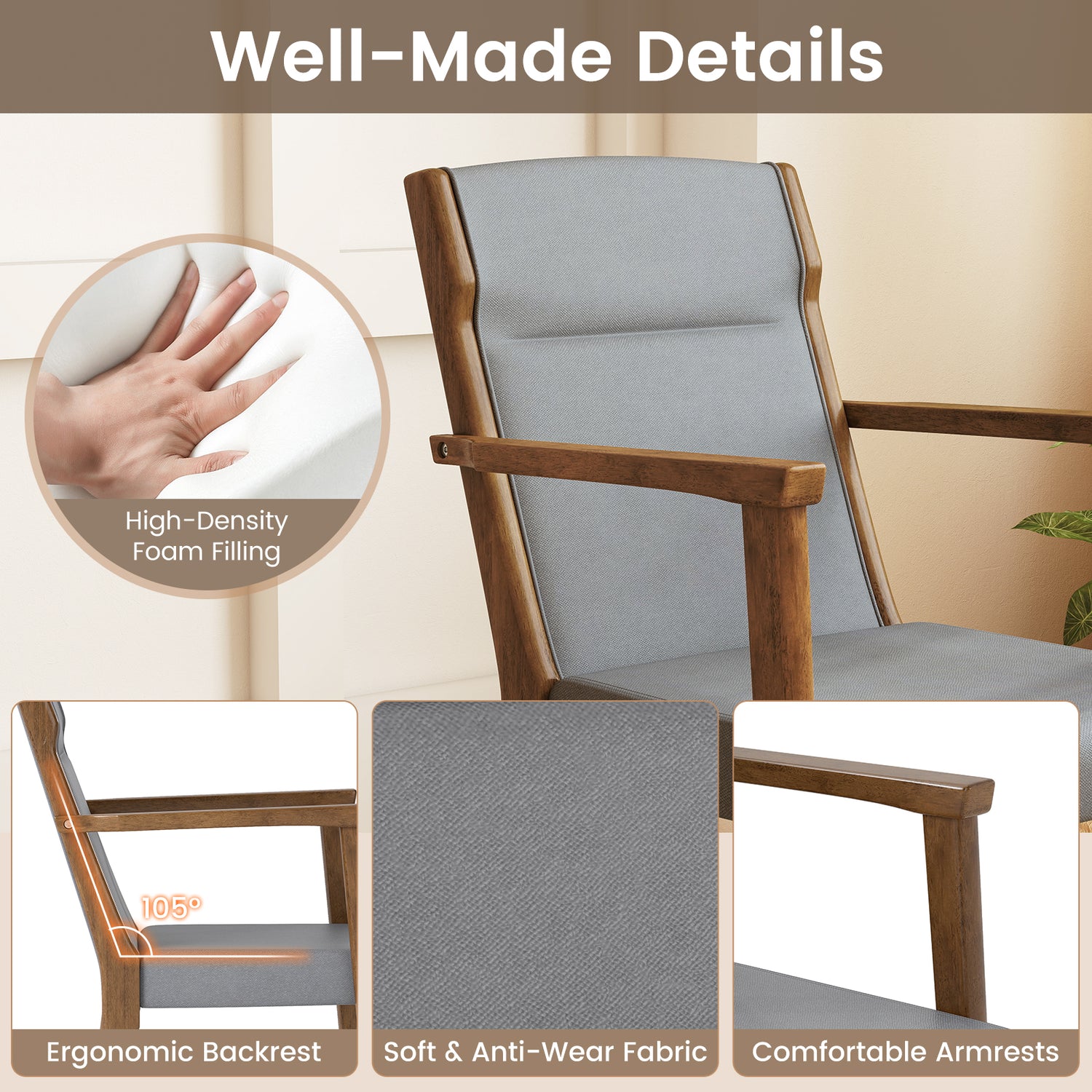 Upholstered Wooden Accent Chairs Set of 2 with High Back and Soft Cushion-Gray