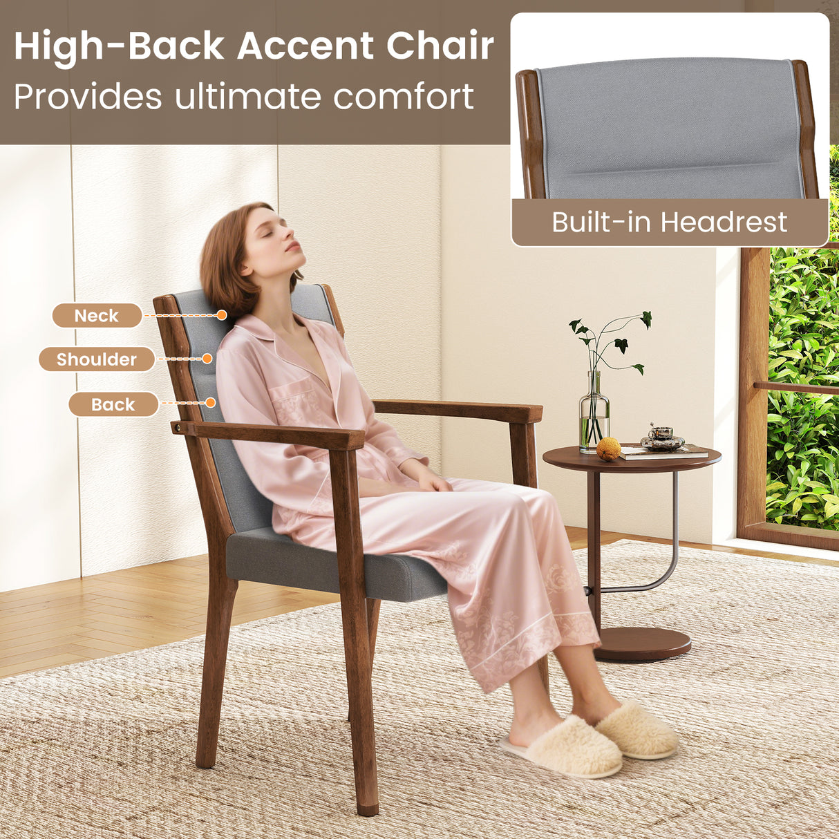 Upholstered Wooden Accent Chairs Set of 2 with High Back and Soft Cushion-Gray