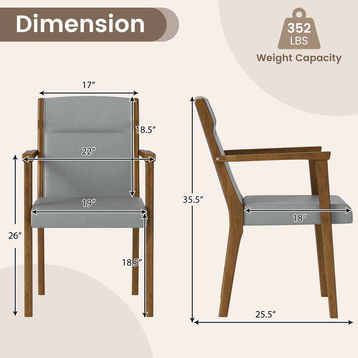 Upholstered Wooden Accent Chairs Set of 2 with High Back and Soft Cushion-Gray