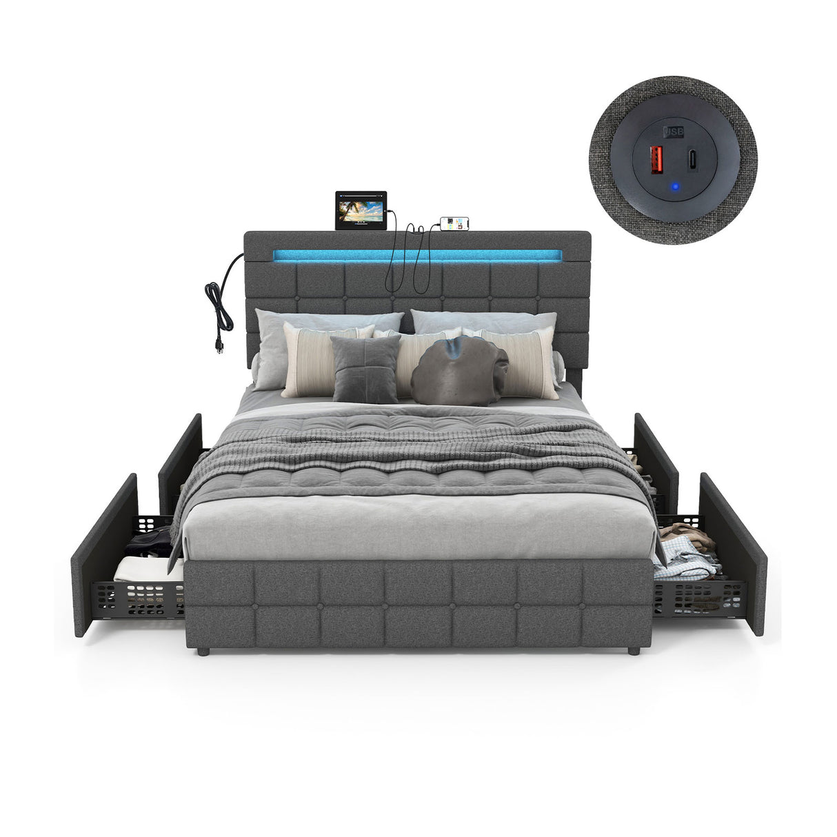 Upholstered Queen LED Bed Frame with Headboard and 4 Drawers