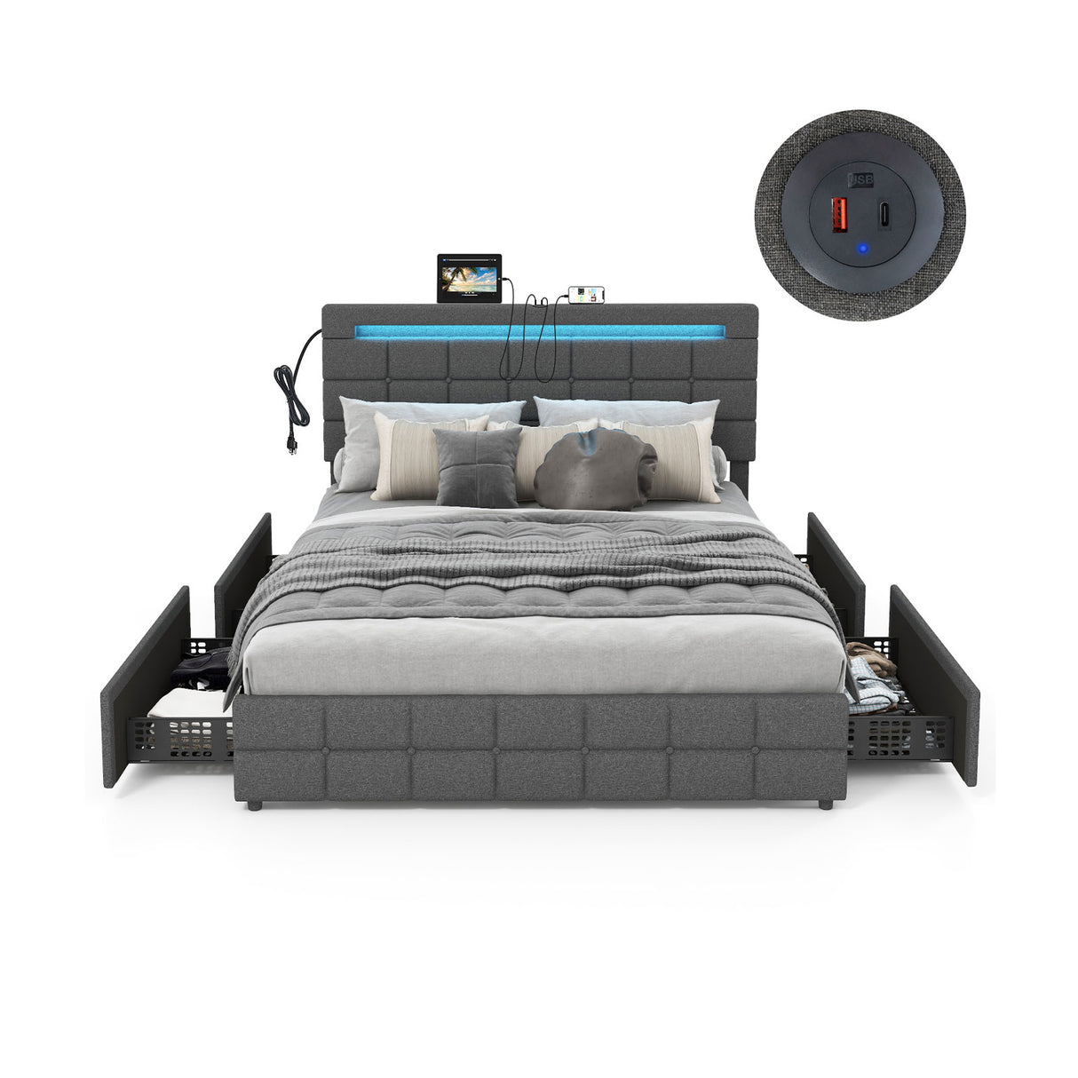 Upholstered Queen LED Bed Frame with Headboard and 4 Drawers