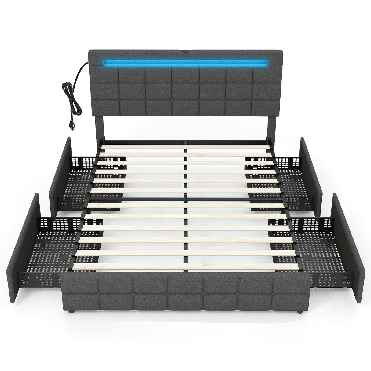 Upholstered Queen LED Bed Frame with Headboard and 4 Drawers