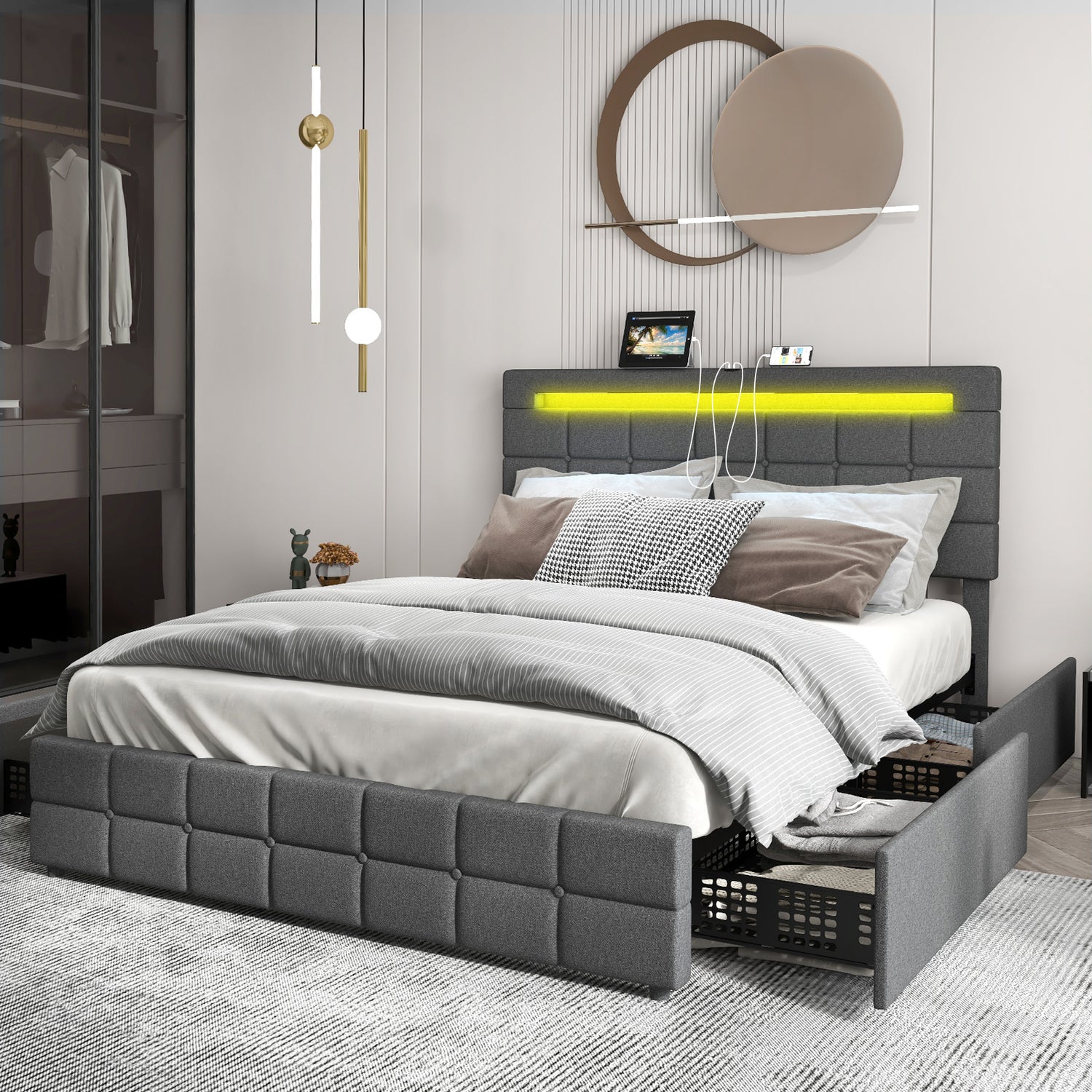 Upholstered Queen LED Bed Frame with Headboard and 4 Drawers