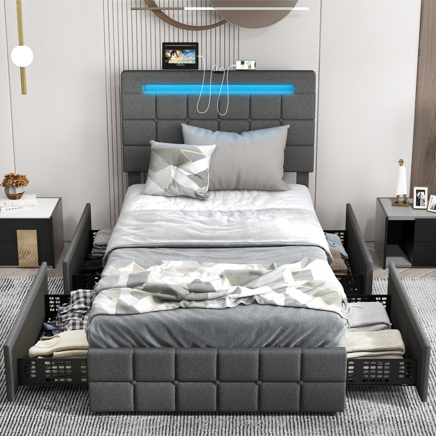 Upholstered Queen LED Bed Frame with Headboard and 4 Drawers