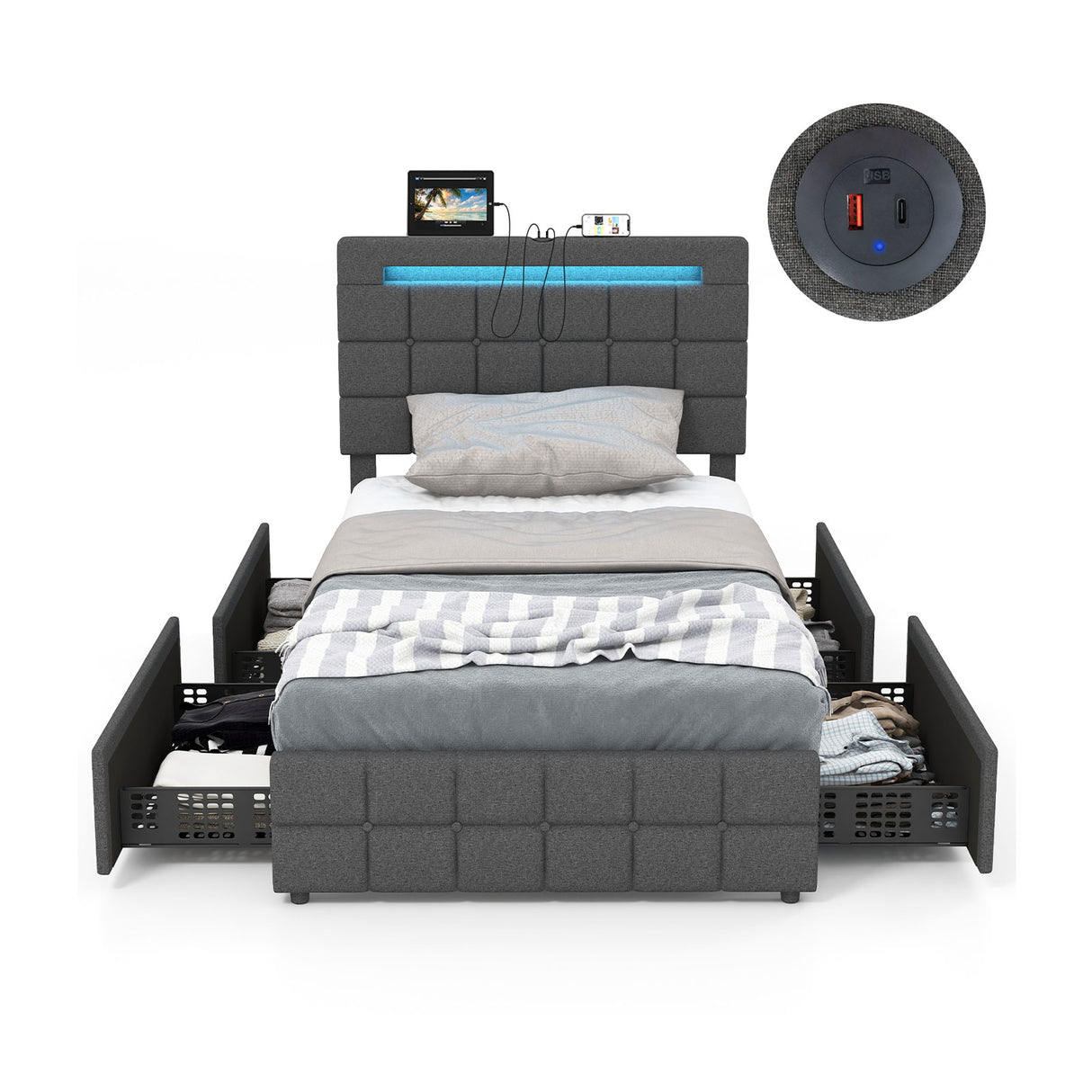 Upholstered Queen LED Bed Frame with Headboard and 4 Drawers