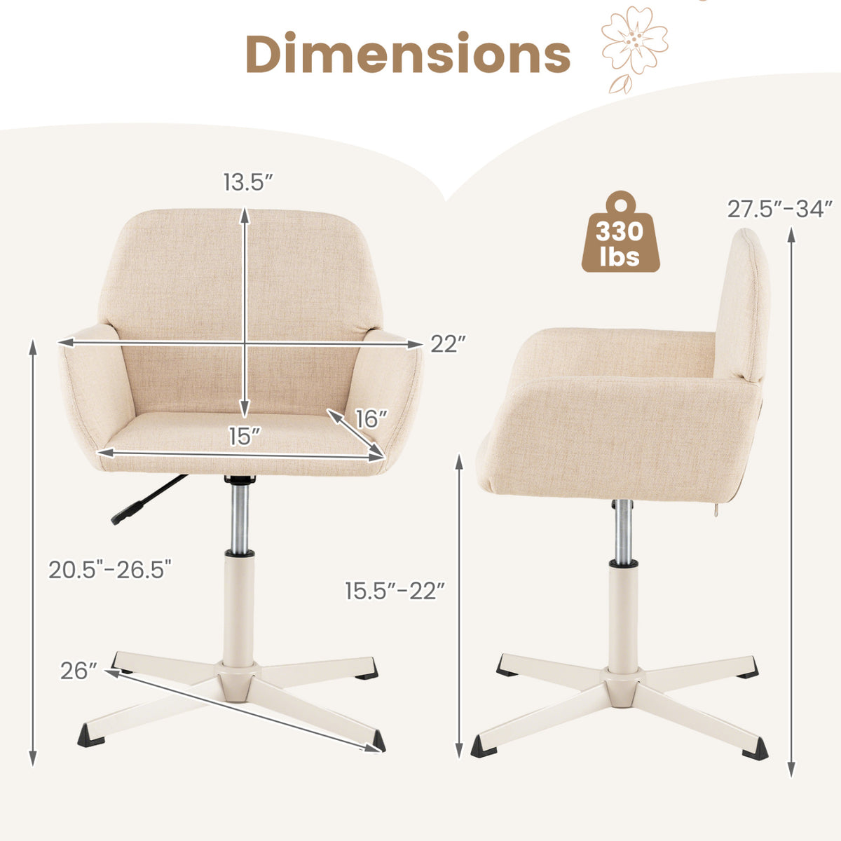 Vanity Chair with Back 360Â° Swivel Armchair w/ Adjustable Height for Home Office-Beige