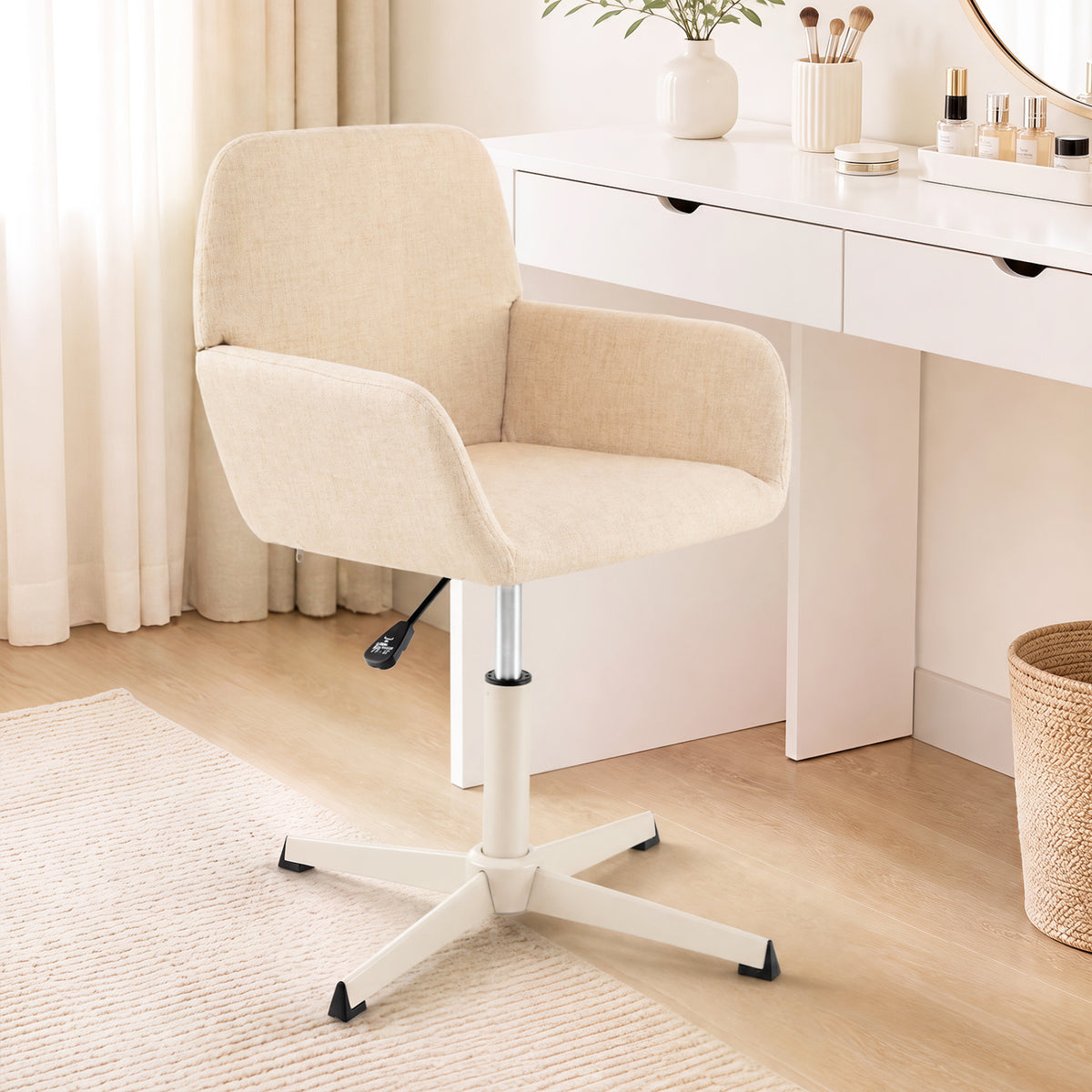 Vanity Chair with Back 360Â° Swivel Armchair w/ Adjustable Height for Home Office-Beige