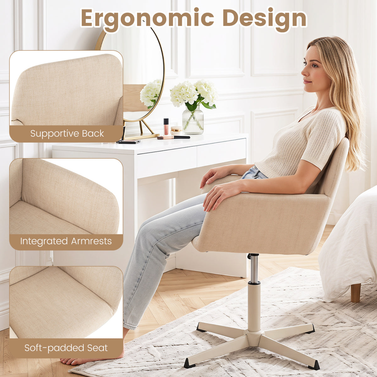 Vanity Chair with Back 360Â° Swivel Armchair w/ Adjustable Height for Home Office-Beige