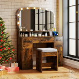 Vanity Desk Makeup Table with Stool 3-Color Lights and Charging Station