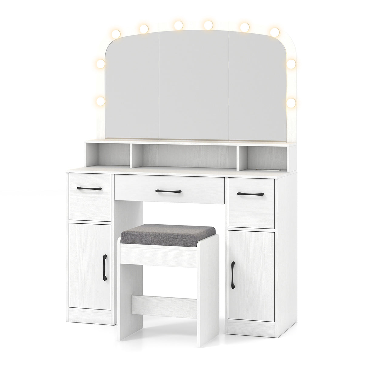 Vanity Desk Makeup Table with Stool 3-Color Lights and Charging Station