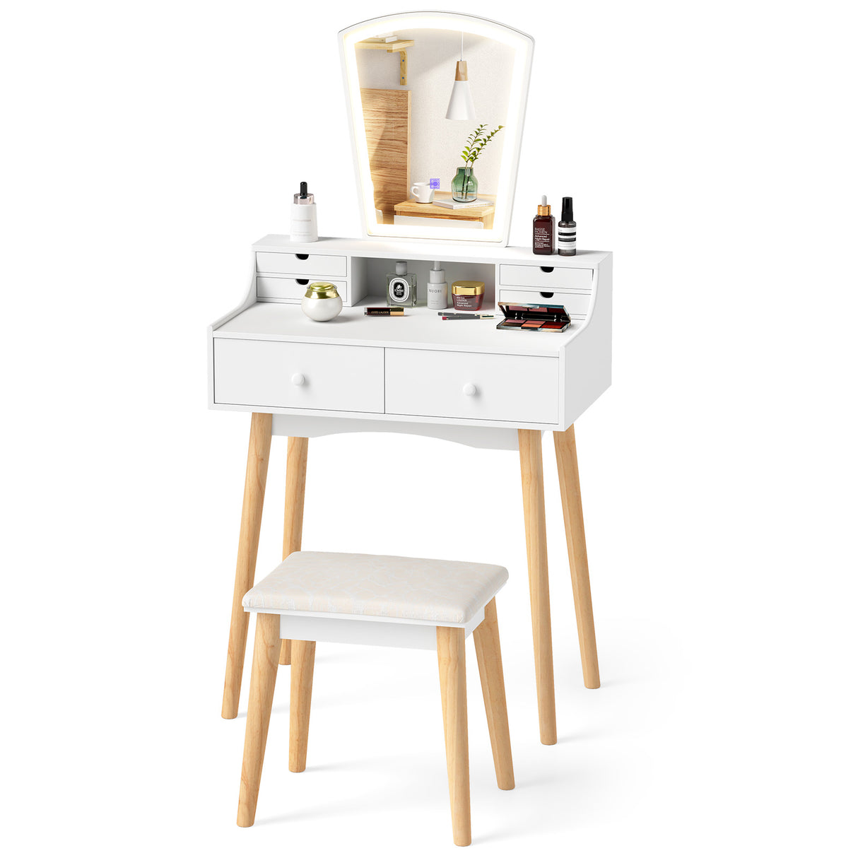 Vanity Desk Set with 3-Color Adjustable LED Lighted Mirror and Drawers-White