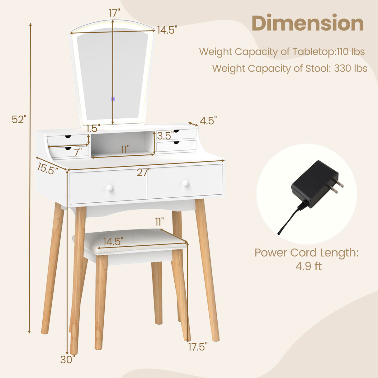 Vanity Desk Set with 3-Color Adjustable LED Lighted Mirror and Drawers-White