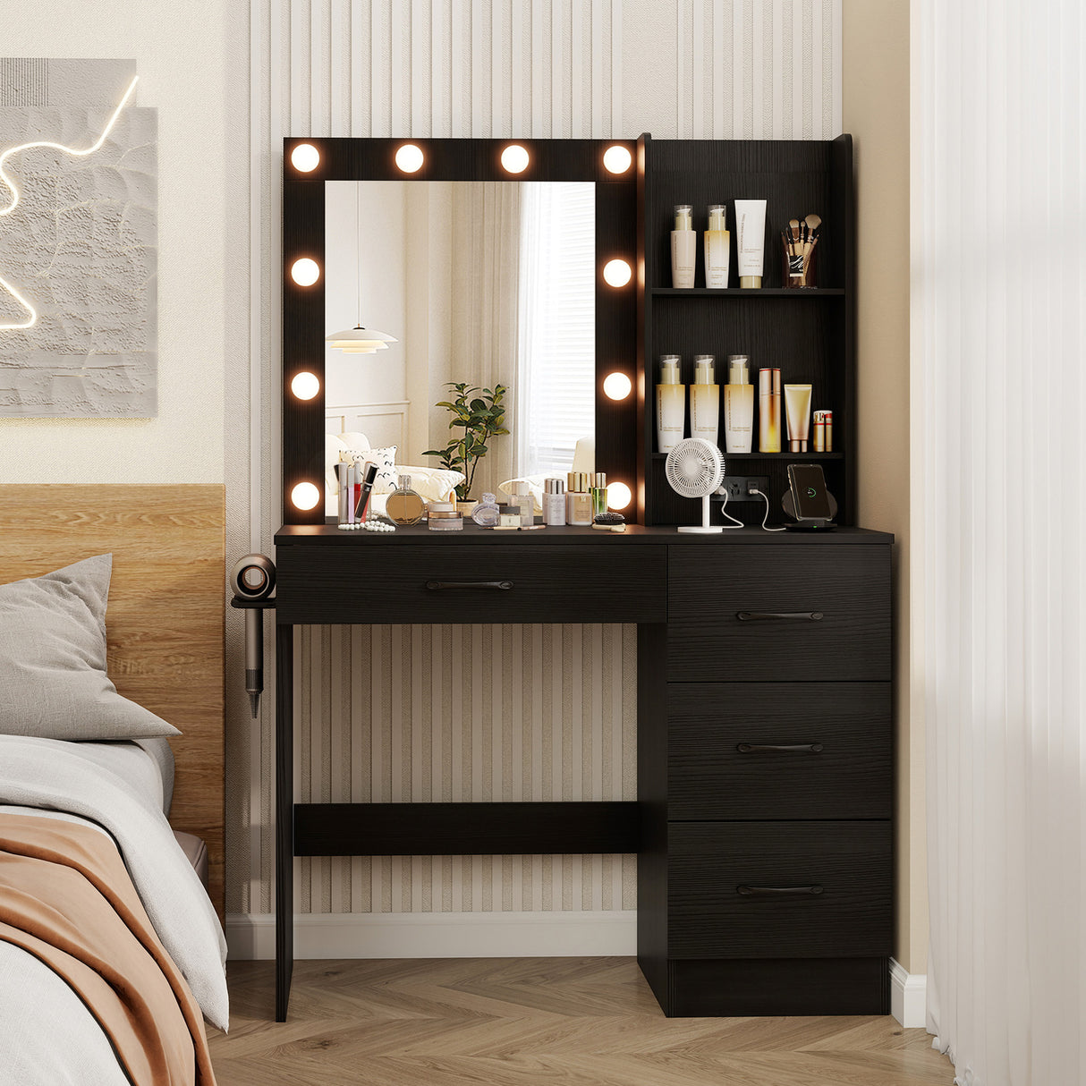 Vanity Desk with 3-Color Lights and Power Outlets