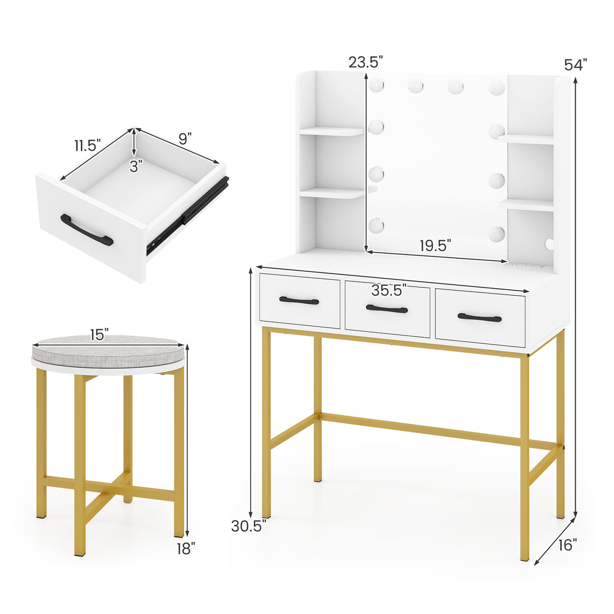 Vanity Desk with Mirror and Lights Makeup Dressing Table and Cushioned Stool Set-White