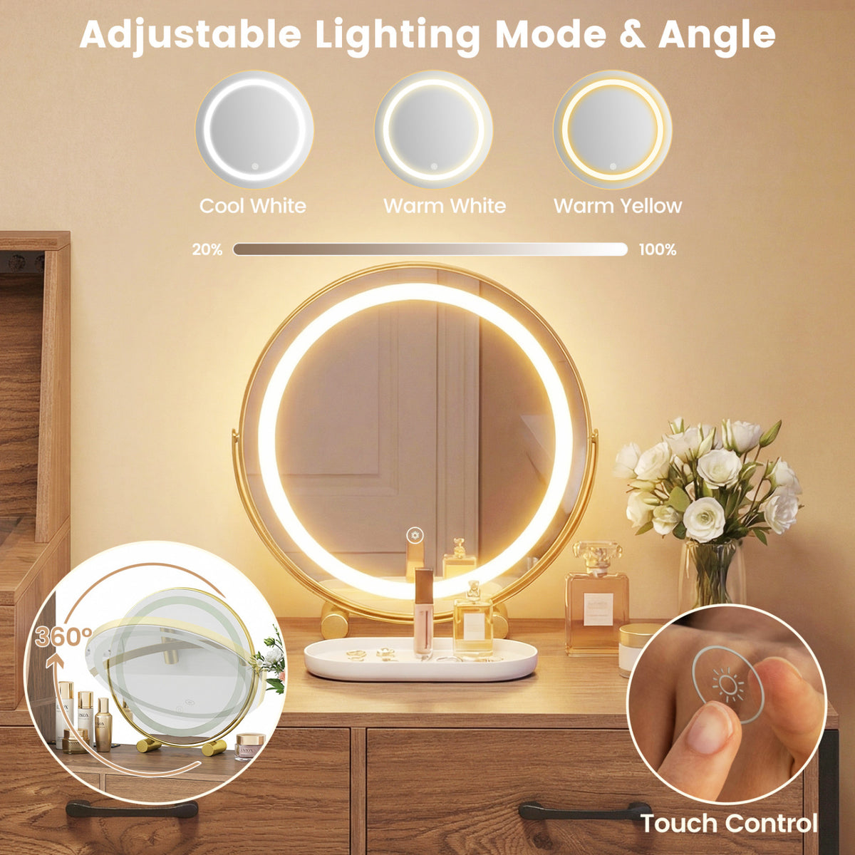 Vanity Desk with Mirror & Lights with Ring Slots & Necklace Hooks for Makeup