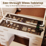 Vanity Desk with Mirror & Lights and Stool with Charging Station for Makeup-White