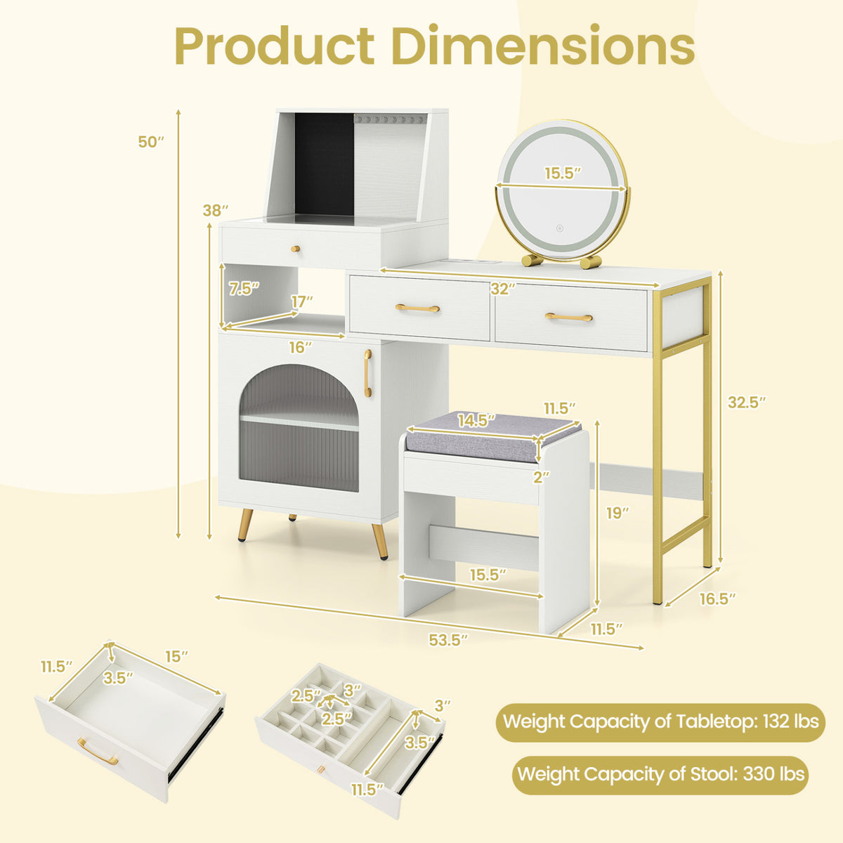 Vanity Desk with Mirror & Lights with Ring Slots & Necklace Hooks for Makeup