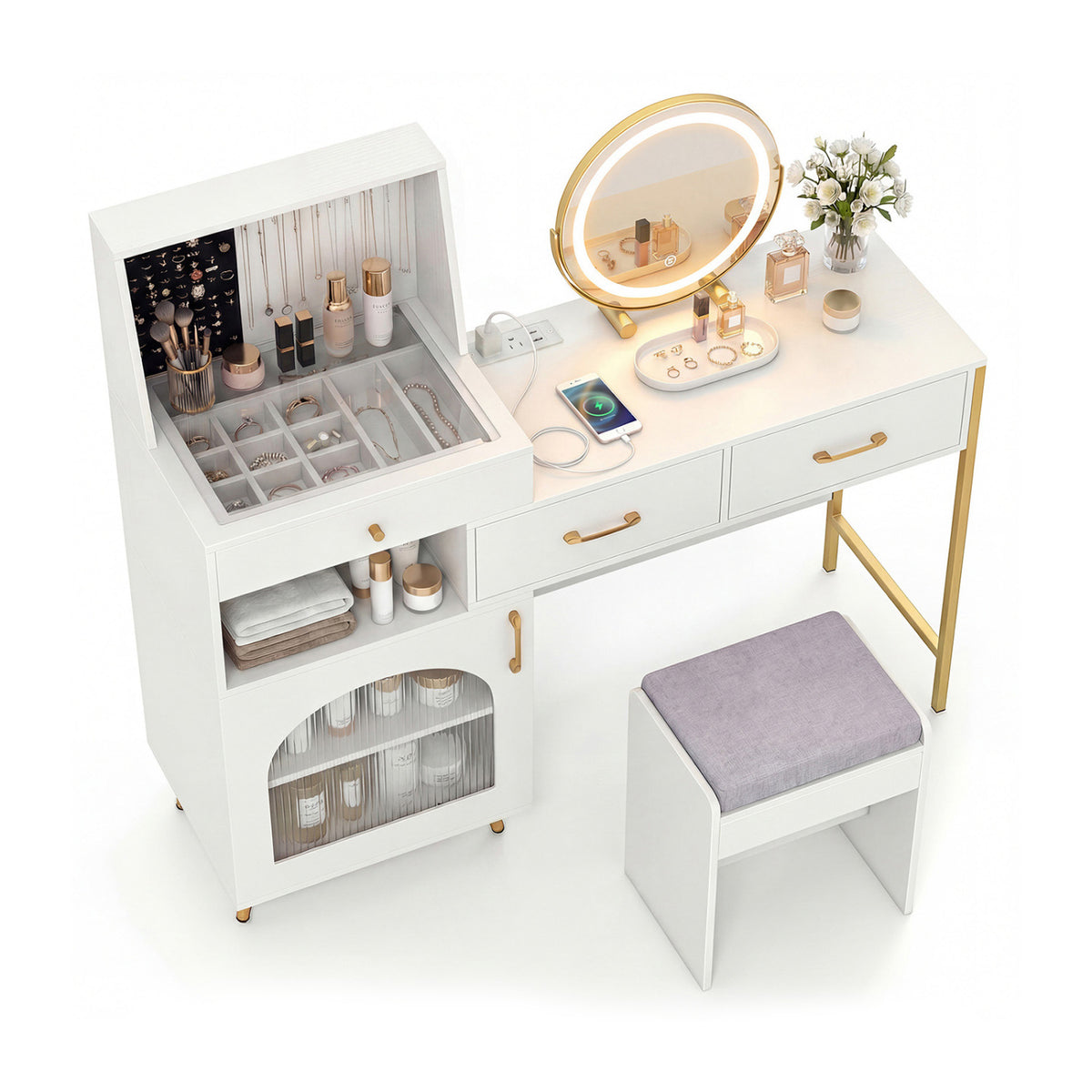 Vanity Desk with Mirror & Lights with Ring Slots & Necklace Hooks for Makeup