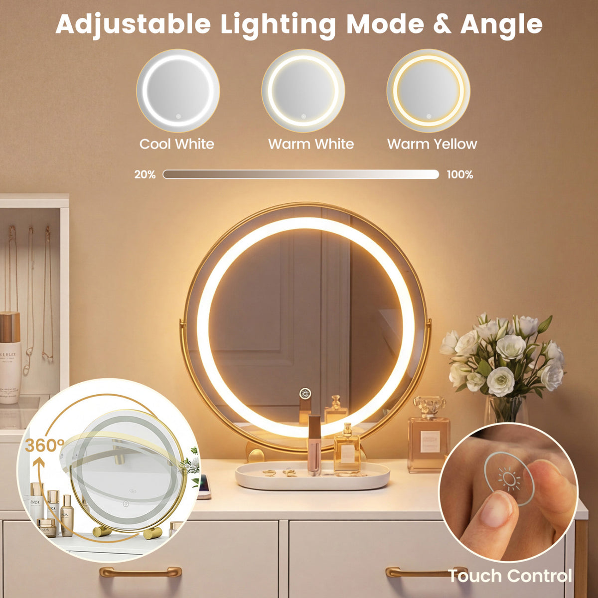 Vanity Desk with Mirror & Lights with Ring Slots & Necklace Hooks for Makeup