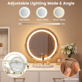 Vanity Desk with Mirror & Lights with Ring Slots & Necklace Hooks for Makeup