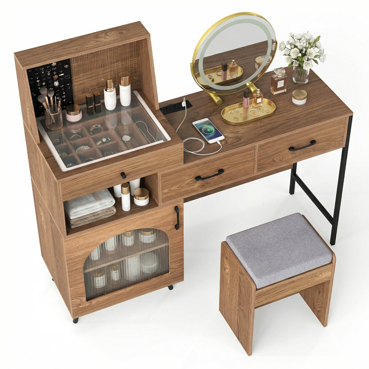 Vanity Desk with Mirror & Lights with Ring Slots & Necklace Hooks for Makeup