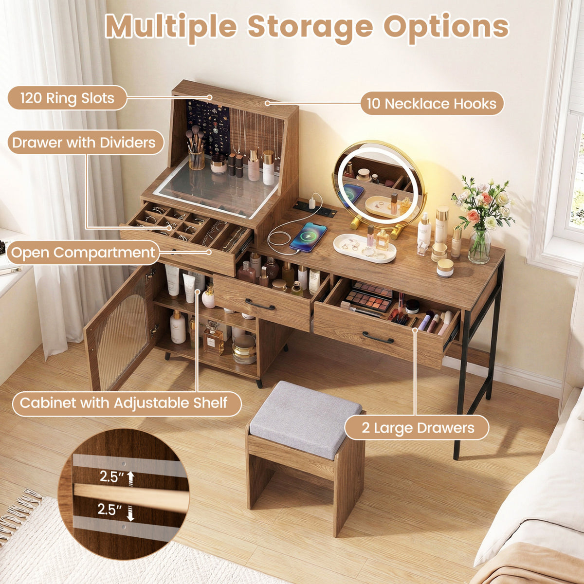 Vanity Desk with Mirror & Lights with Ring Slots & Necklace Hooks for Makeup