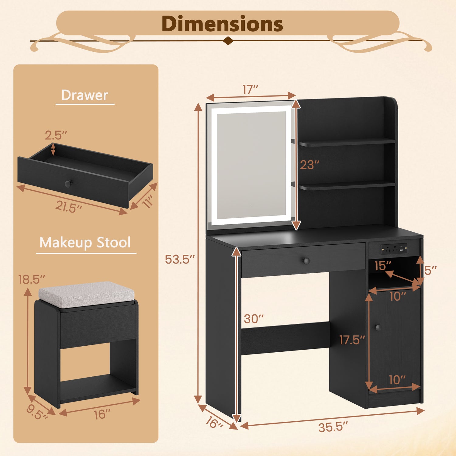 Vanity Desk with Mirror and Lights