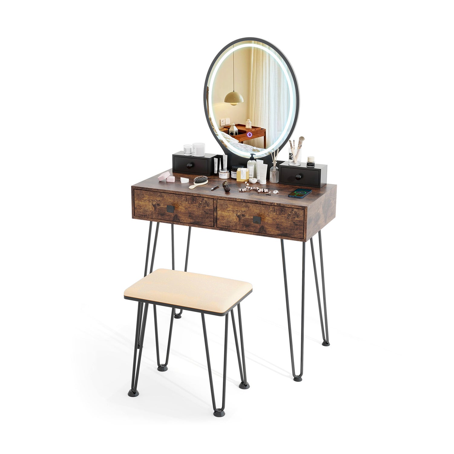 Vanity Table Set with 3-Color Lighted Dimmable Mirror