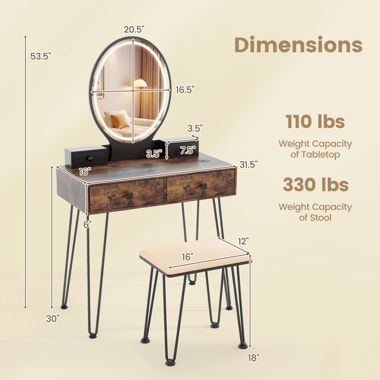 Vanity Table Set with 3-Color Lighted Dimmable Mirror