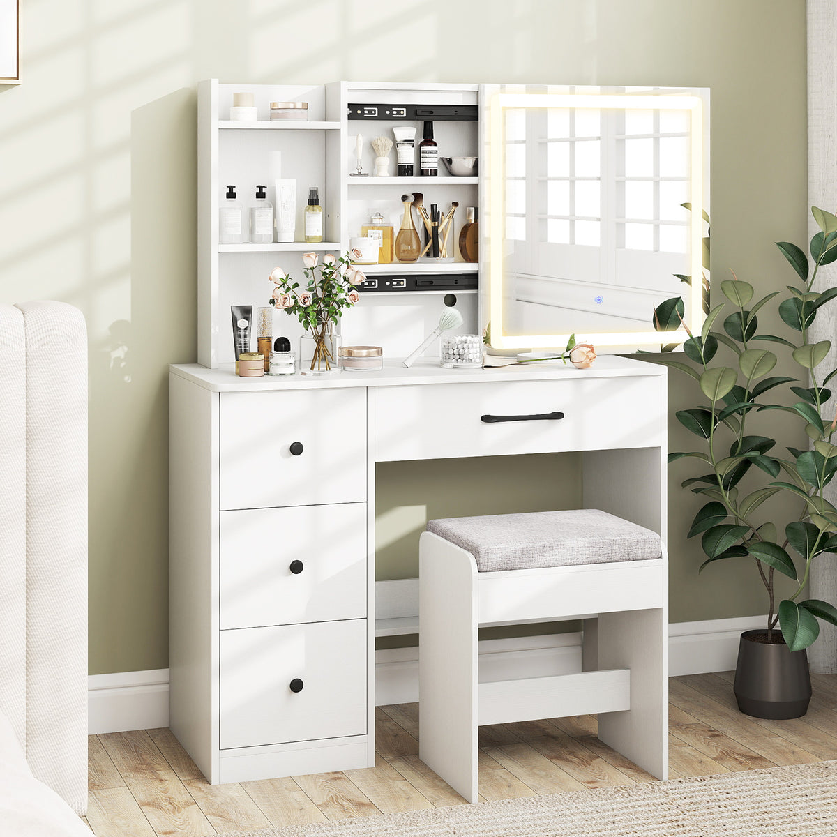 Vanity Desk with Sliding Mirror and Lights Makeup Table and Chair Set with 4 Drawers-White