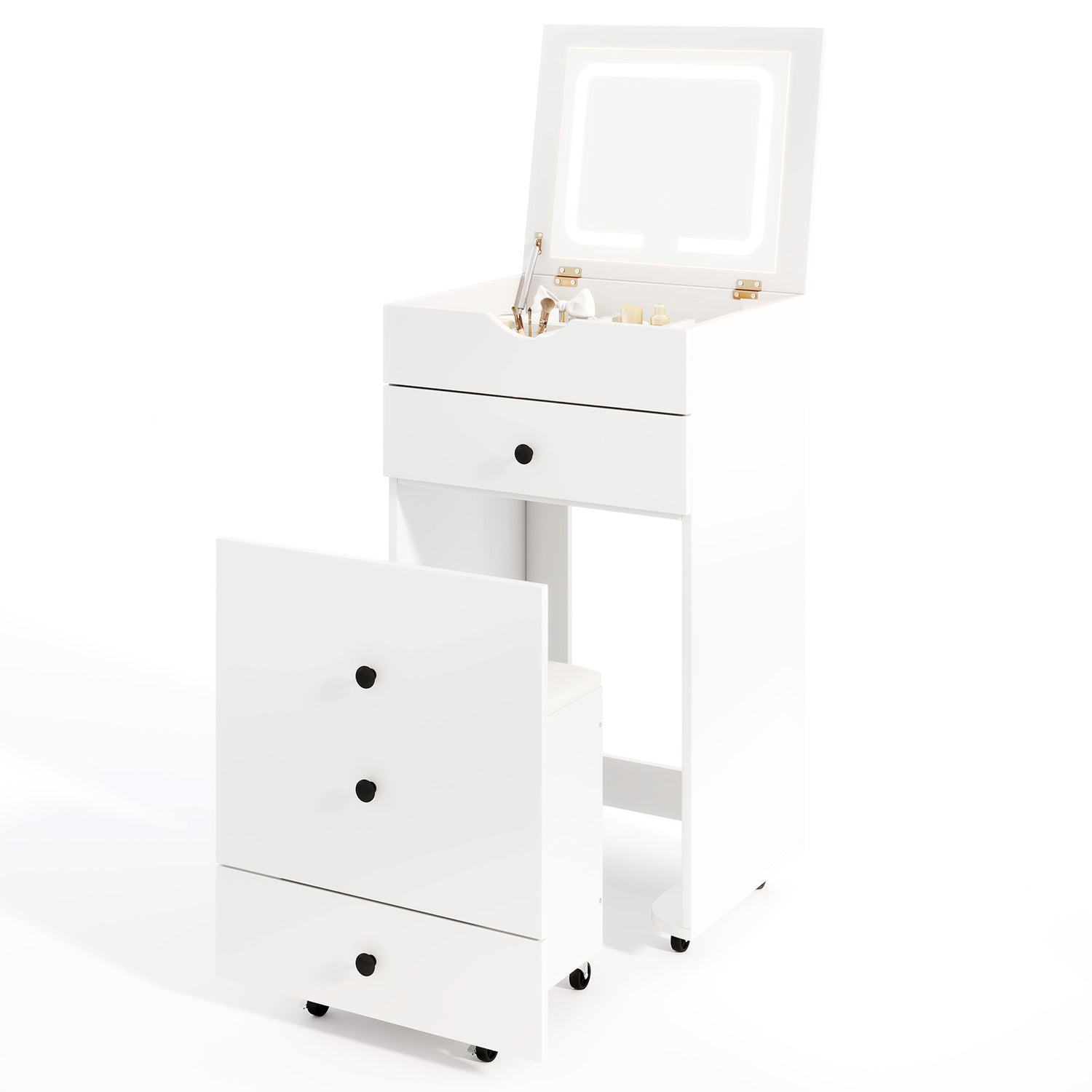 3-in-1 Vanity Set with Cushioned Stool and Flip-up Mirror-White