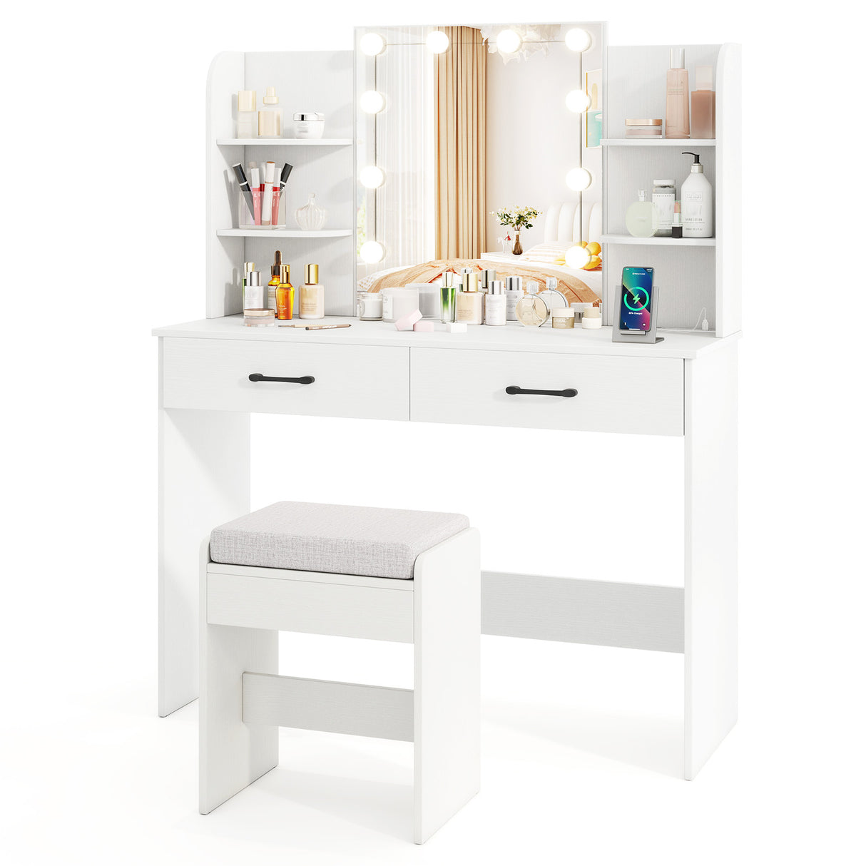 Vanity Set with Lighted Mirror and Stool with Power Outlet