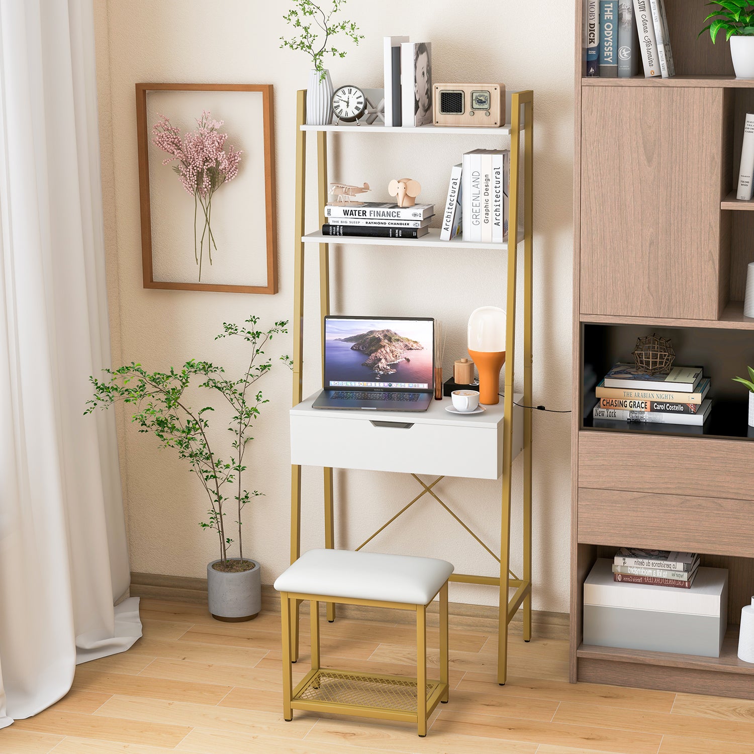 Ladder Vanity Desk Set with Flip Top Mirror and Cushioned Stool