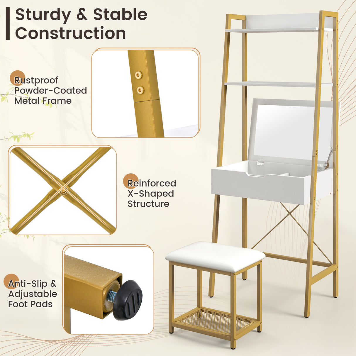 Ladder Vanity Desk Set with Flip Top Mirror and Cushioned Stool