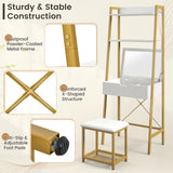 Ladder Vanity Desk Set with Flip Top Mirror and Cushioned Stool