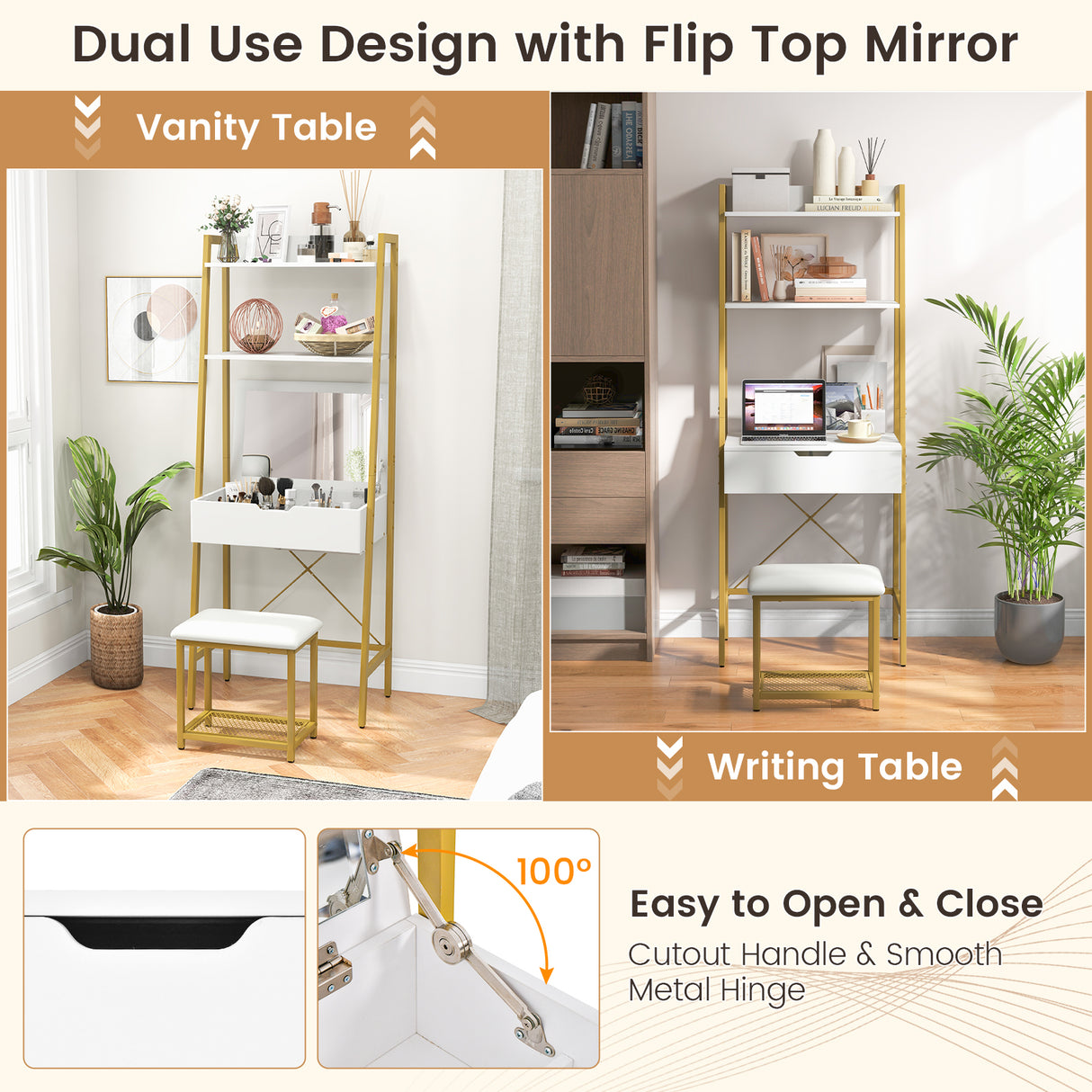Ladder Vanity Desk Set with Flip Top Mirror and Cushioned Stool
