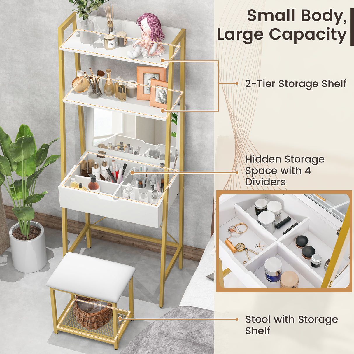 Ladder Vanity Desk Set with Flip Top Mirror and Cushioned Stool