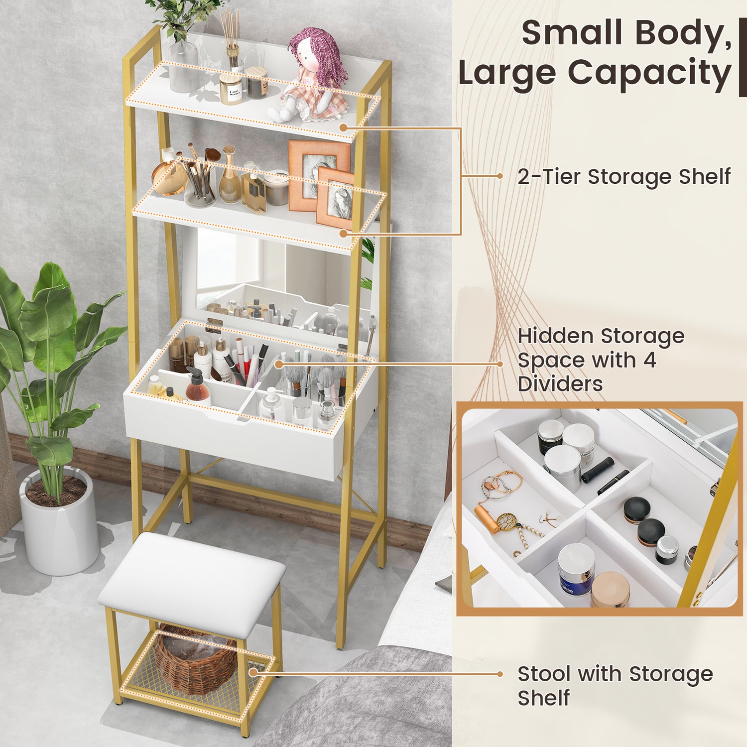 Ladder Vanity Desk Set with Flip Top Mirror and Cushioned Stool