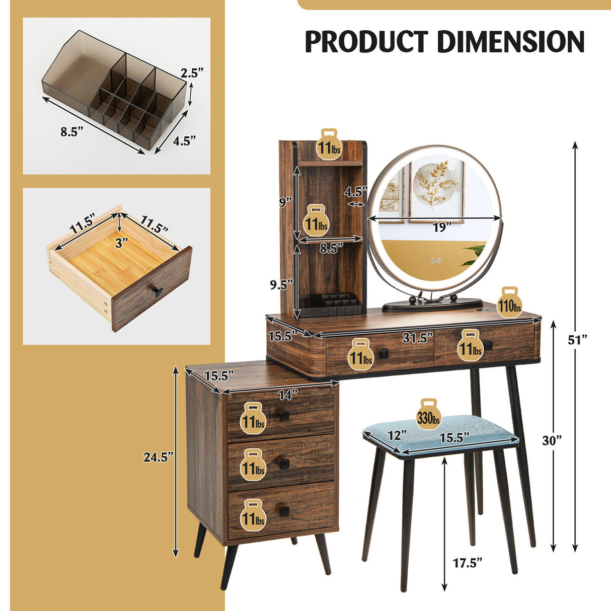 Vanity Table Set with 3-Color Lighted Mirror and Cushioned Stool