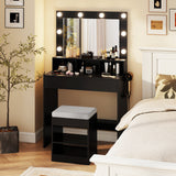 Vanity Table Set with Lighted Mirror and Cushion Stool-Black