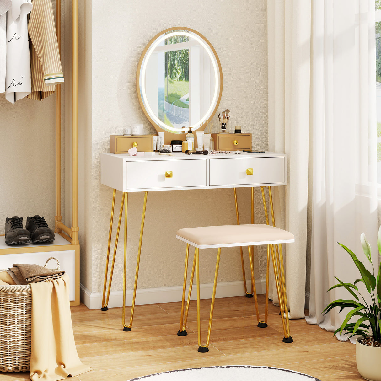 Vanity Table Set with 3-Color Lighted Dimmable Mirror