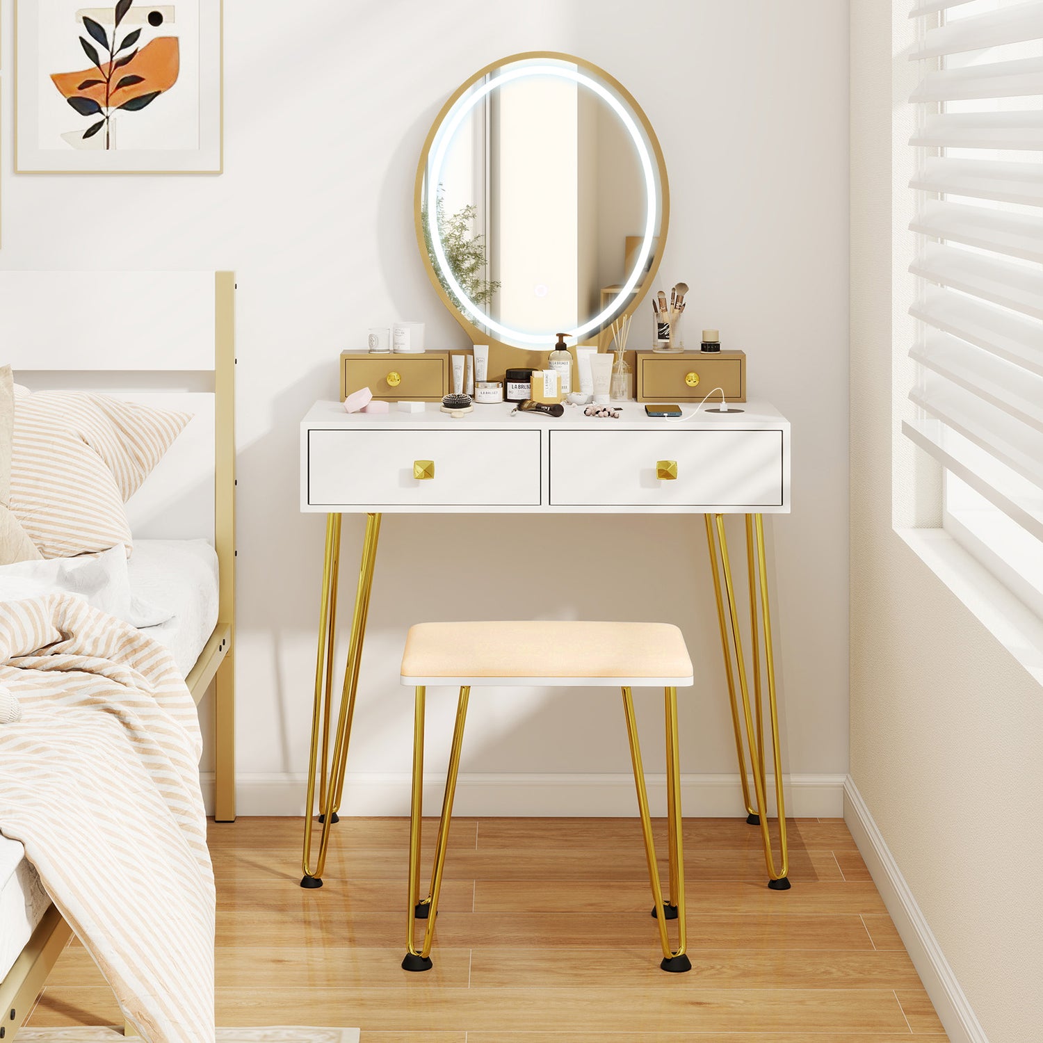 Vanity Table Set with 3-Color Lighted Dimmable Mirror