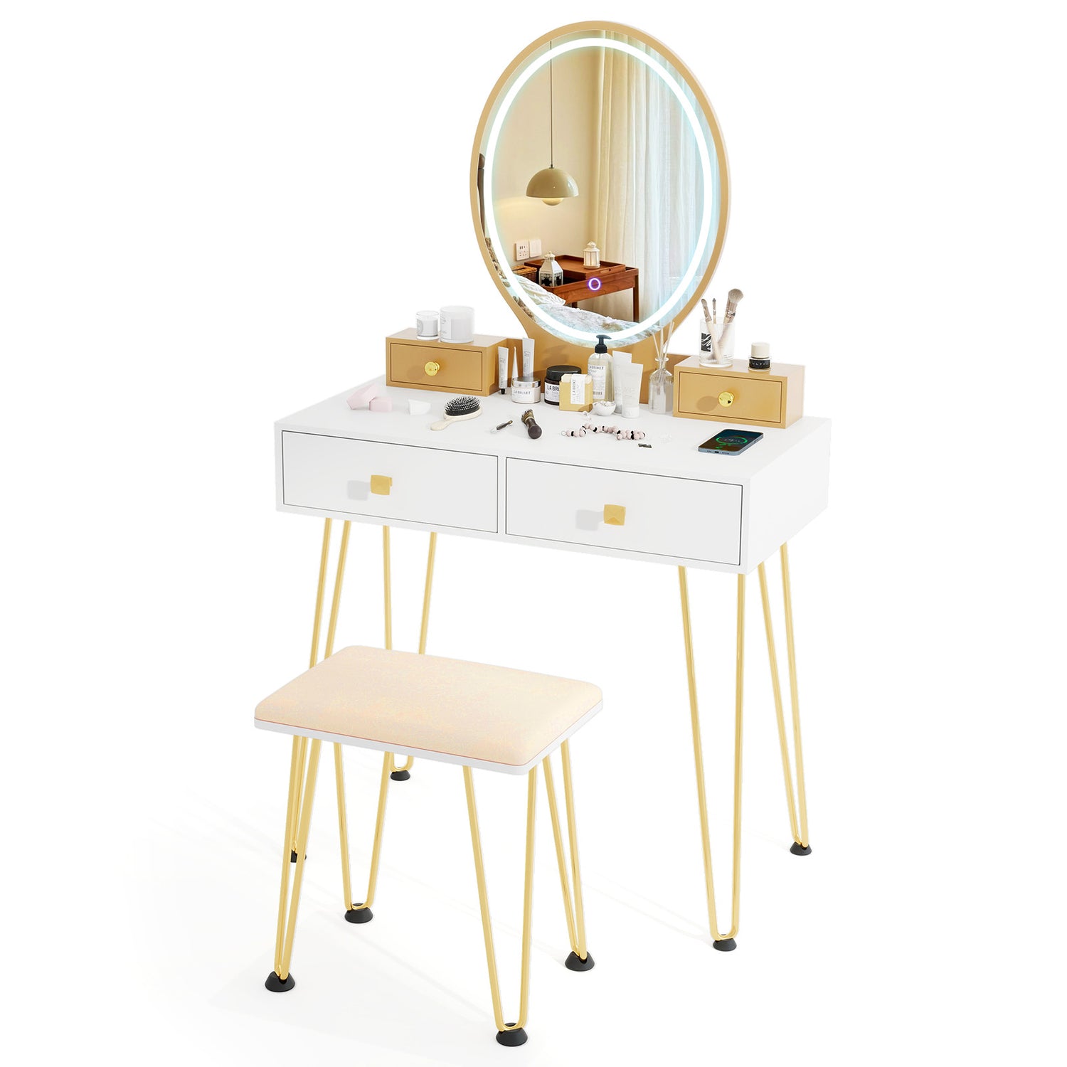 Vanity Table Set with 3-Color Lighted Dimmable Mirror
