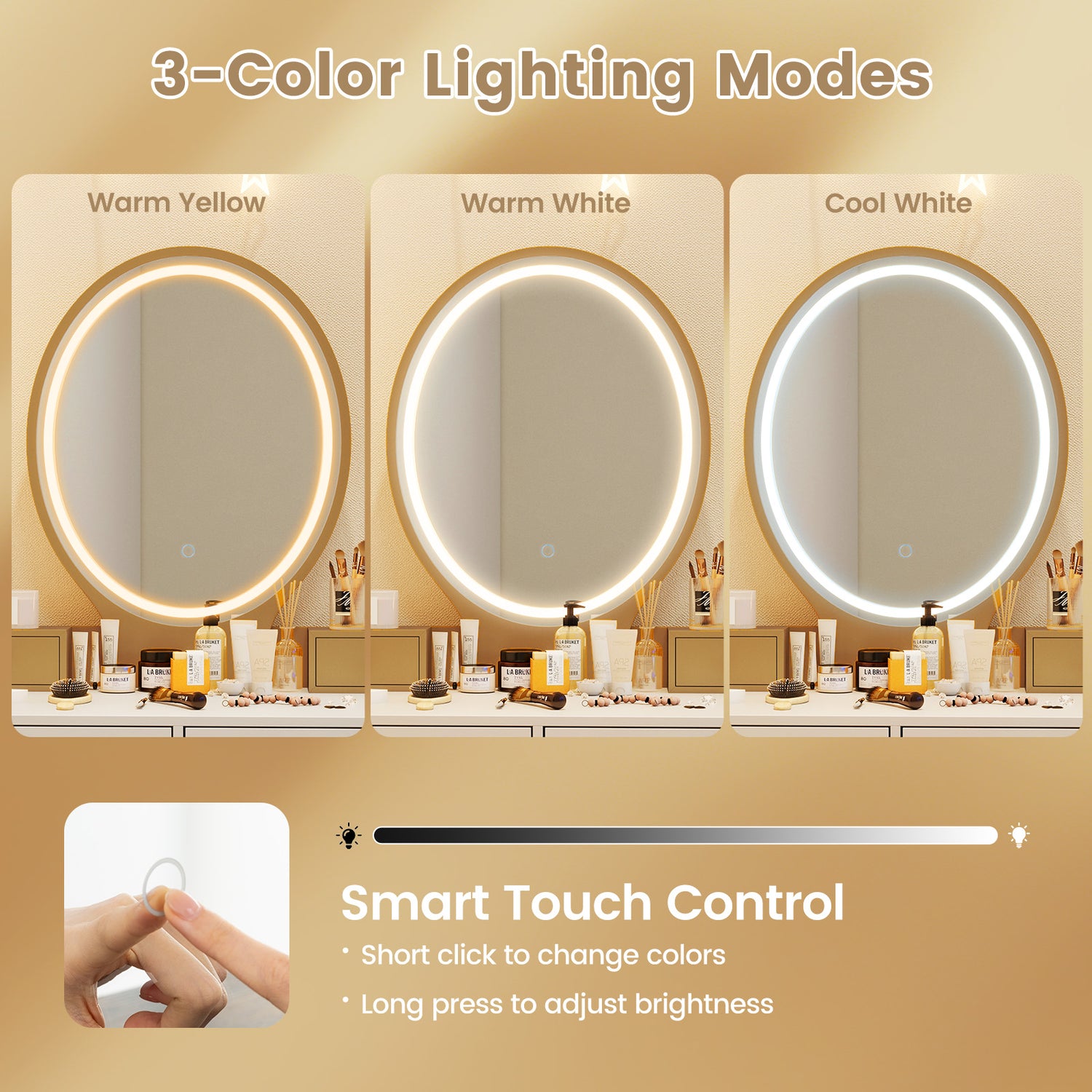 Vanity Table Set with 3-Color Lighted Dimmable Mirror