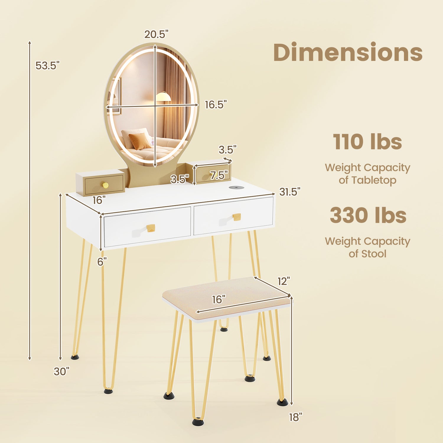 Vanity Table Set with 3-Color Lighted Dimmable Mirror