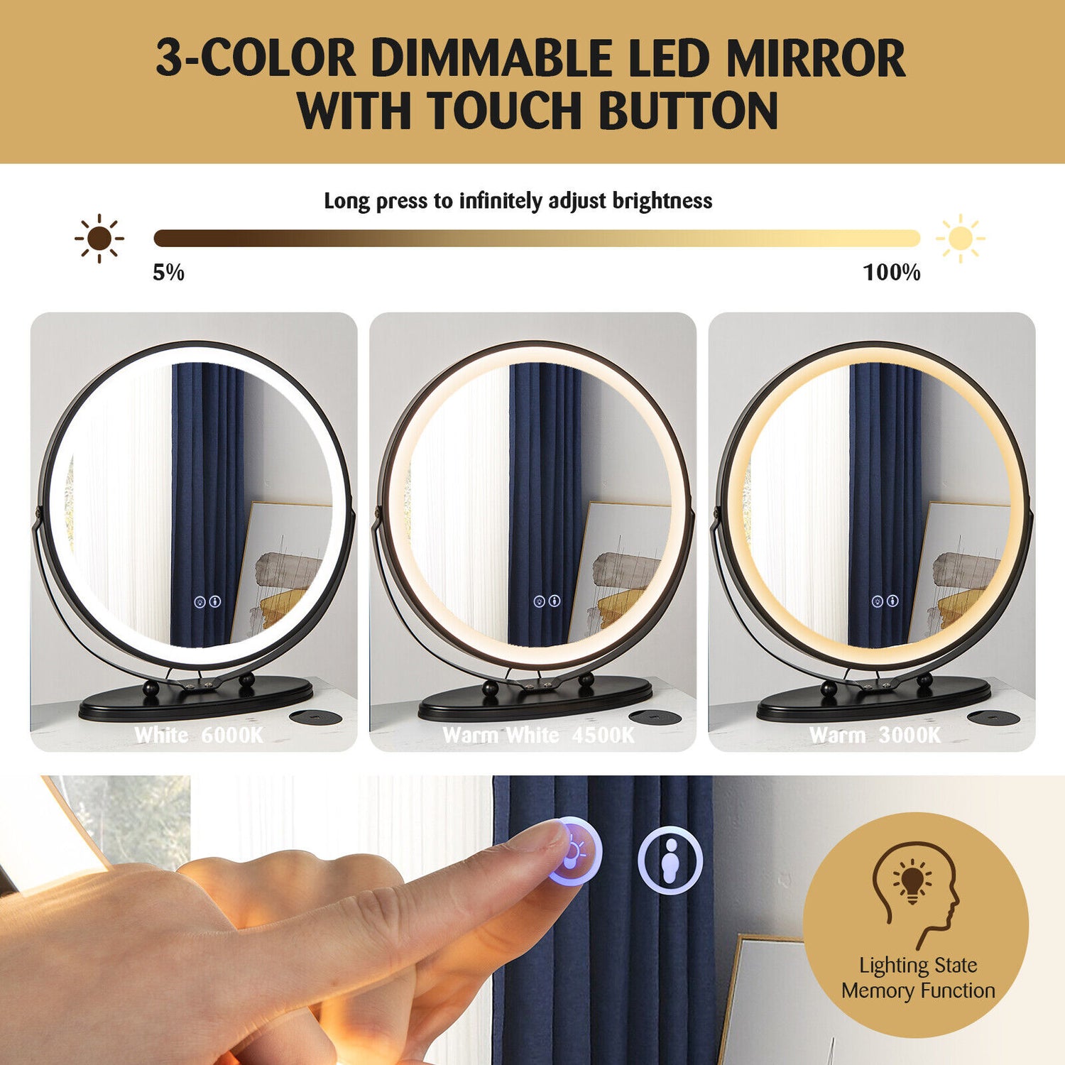 Vanity Table Set with 3-Color Lighted Mirror and Cushioned Stool