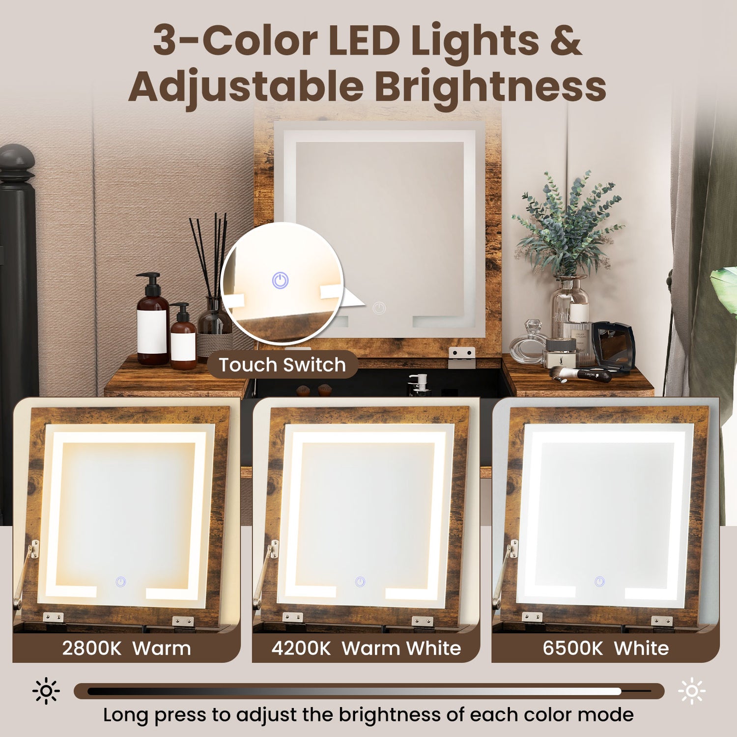 Vanity Table Set with Flip Top Mirror Lights USB Writing Desk and Stool-Brown