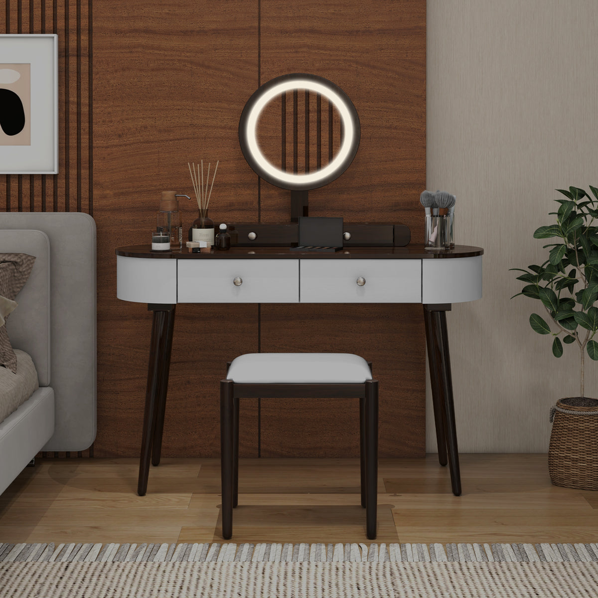 Makeup Vanity Table Set with LED Mirror and 3 Spacious Drawers/Drawers-White/Drawers-Black