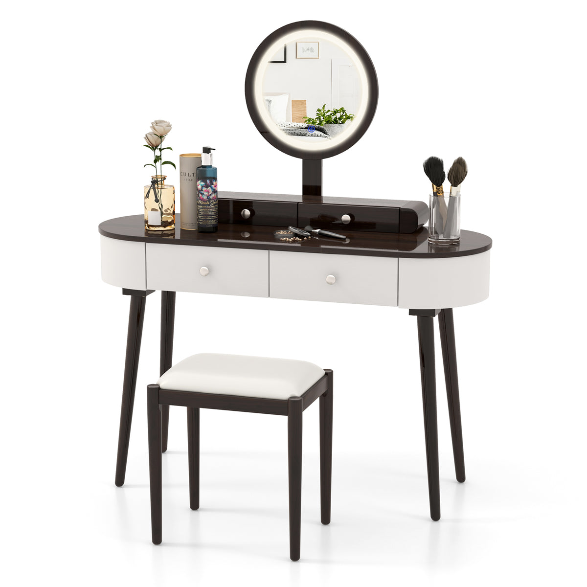 Makeup Vanity Table Set with LED Mirror and 3 Spacious Drawers/Drawers-White/Drawers-Black